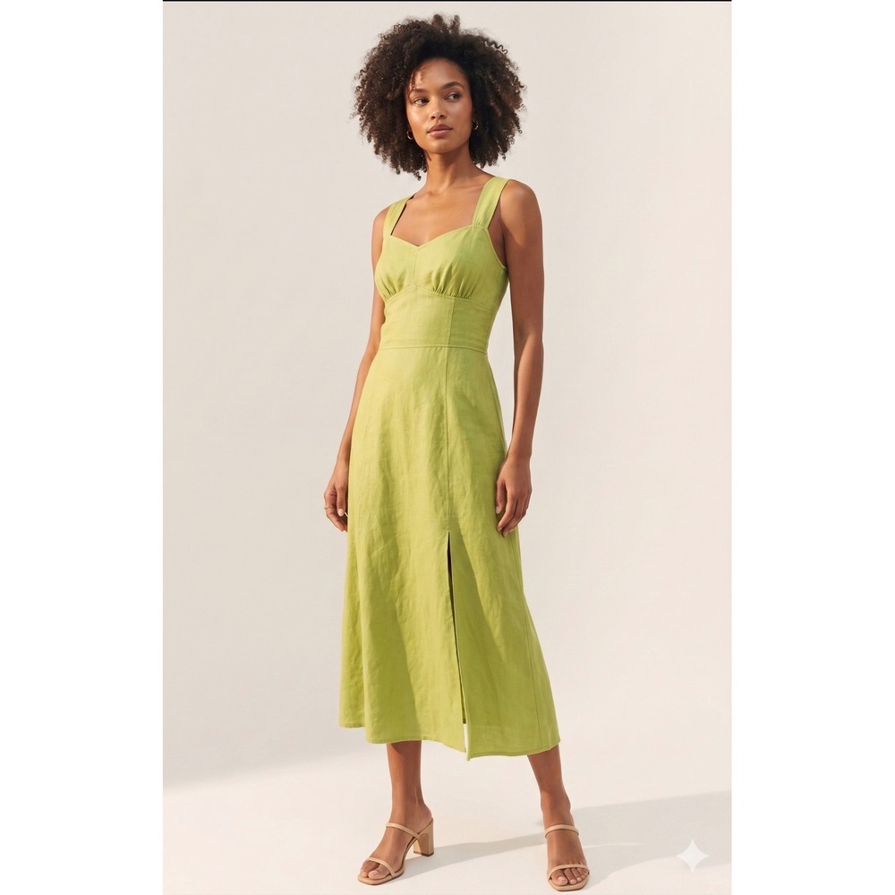Reformation Malibu 100% Linen Midi Dress Lime Green Cross Back Slit Size 12